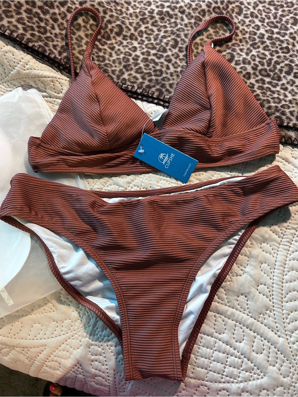 Cupshe Ribbed Rust Brown Triangle Bikini Set - Picture 1 of 4